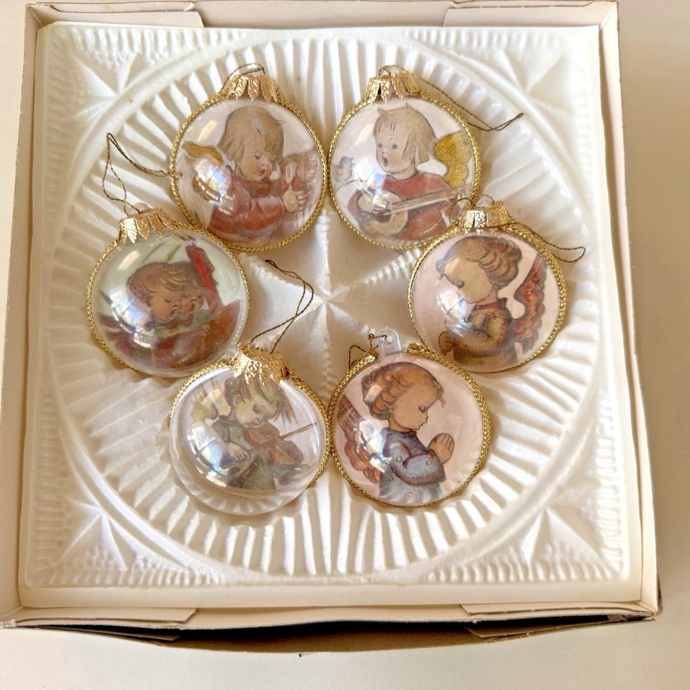 Vintage Hummel Round Plastic Christmas Ornaments Set of 6 West Germany In Box